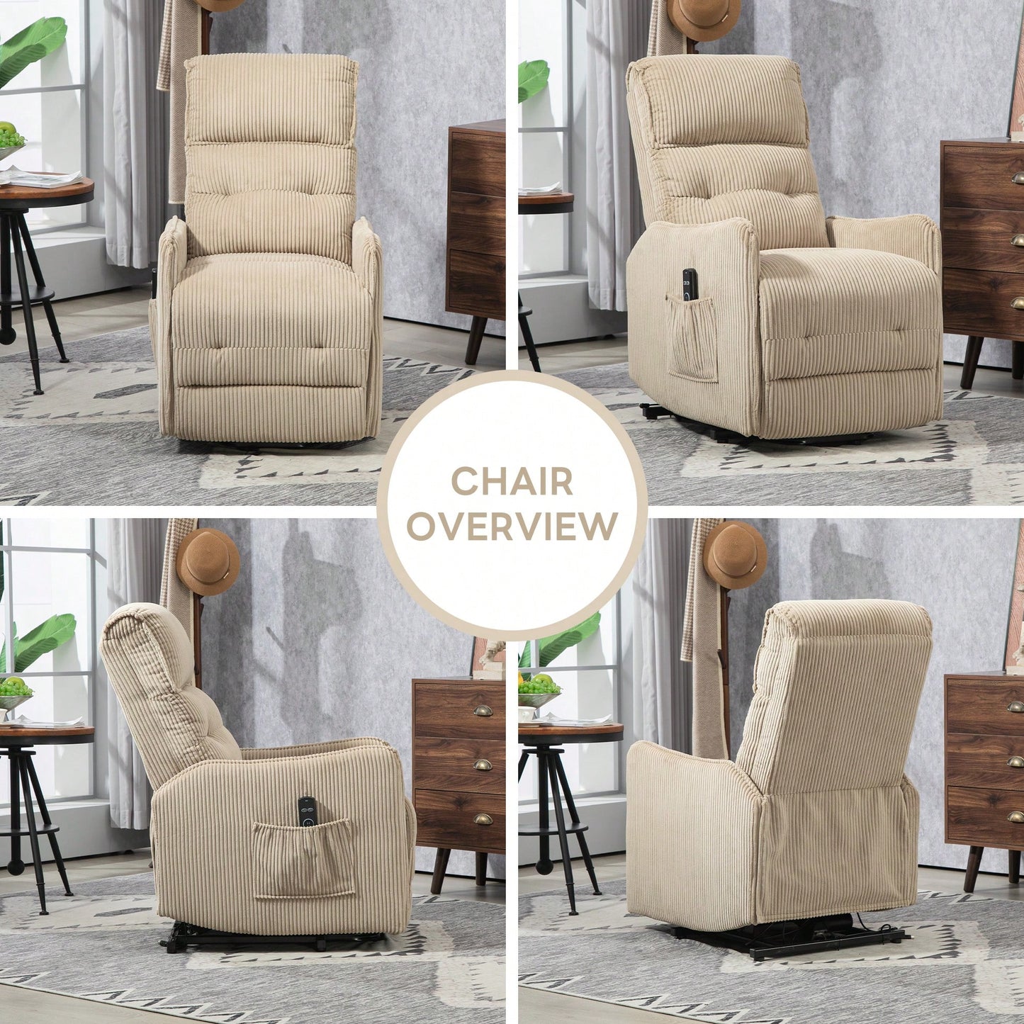 Electric Recliner Chair For Adults With Side Pocket And Pocket Springs Cushion In Corduroy Fabric For Living Room Bedroom Home Theater Beige