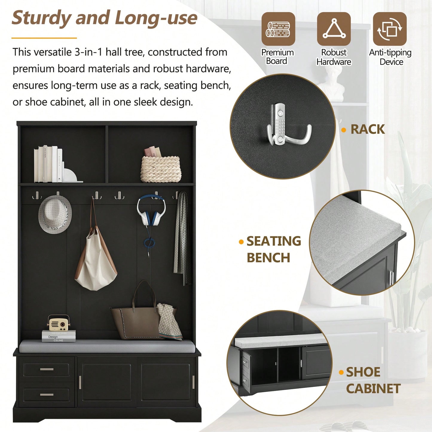 Elegant Hall Tree with Sliding Doors Versatile Coat Rack 6 Hooks Mudroom Bench Cabinet Shoe Storage and Cushion for Hallway Living Room