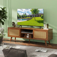 Mid Century Modern Rattan Media Console for 55-65 Inch TVs Stylish Entertainment Cabinet with Solid Wood Legs Ideal