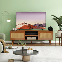 Mid Century Modern Rattan Media Console for 55-65 Inch TVs Stylish Entertainment Cabinet with Solid Wood Legs Ideal