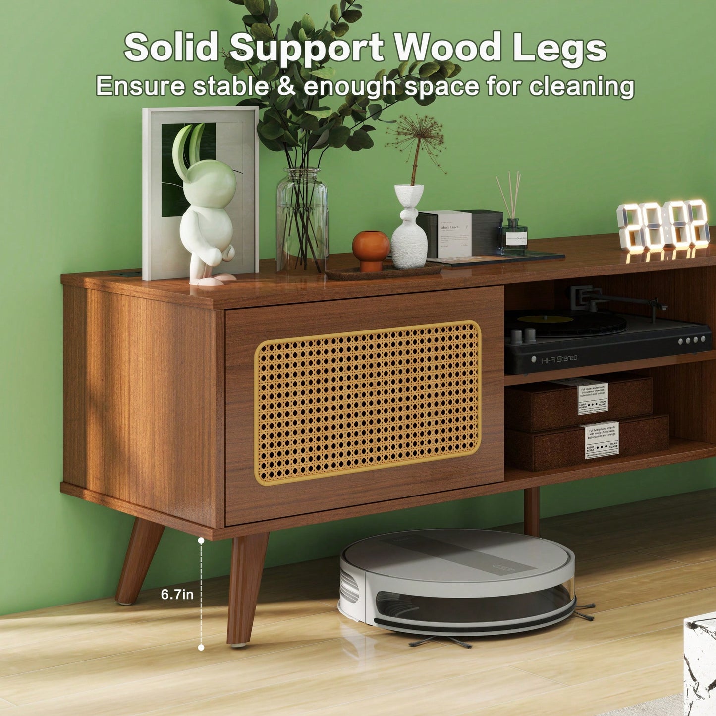 Mid Century Modern Rattan Media Console for 55-65 Inch TVs Stylish Entertainment Cabinet with Solid Wood Legs Ideal