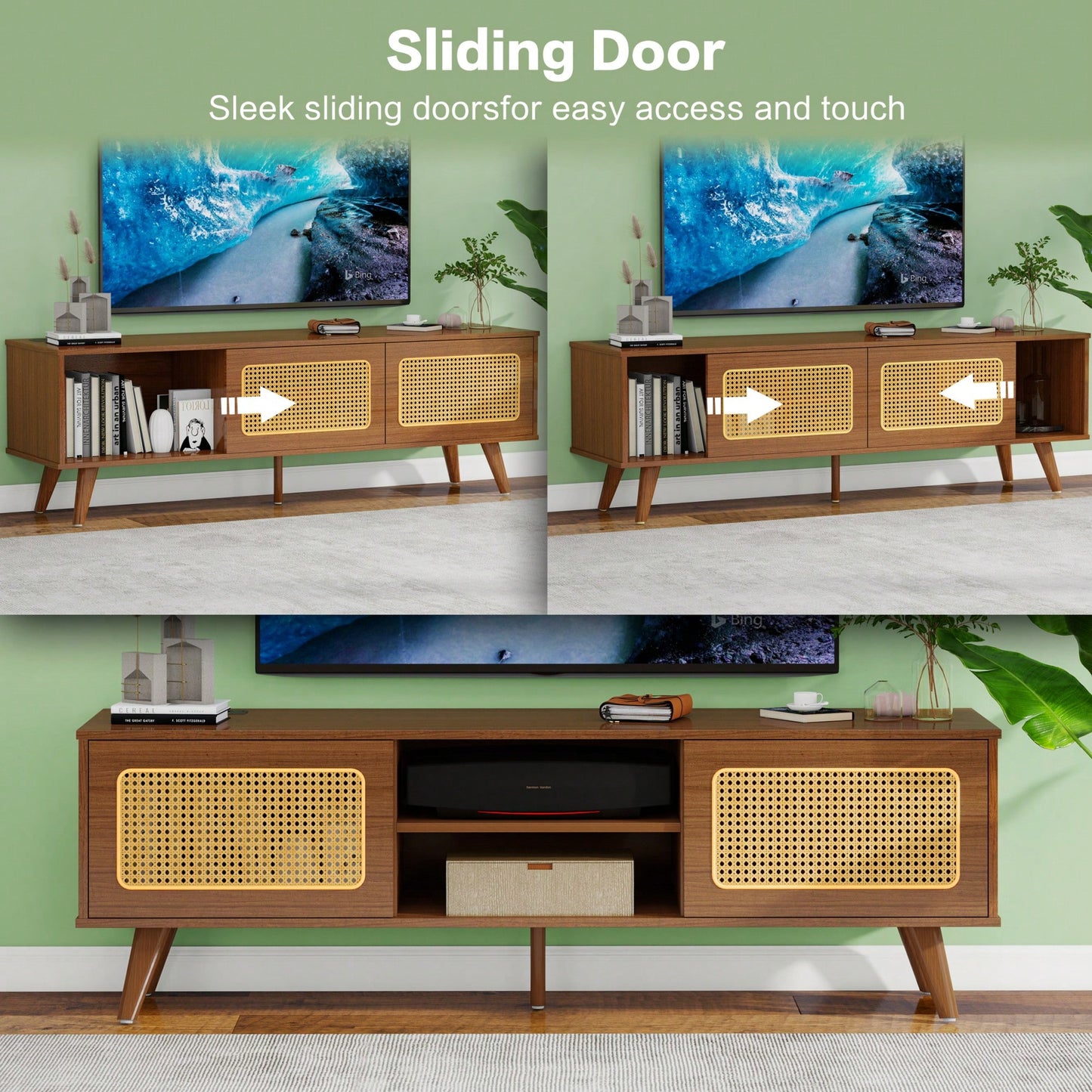 Mid Century Modern Rattan Media Console for 55-65 Inch TVs Stylish Entertainment Cabinet with Solid Wood Legs Ideal