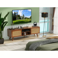 Mid Century Modern Rattan Media Console for 55-65 Inch TVs Stylish Entertainment Cabinet with Solid Wood Legs Ideal