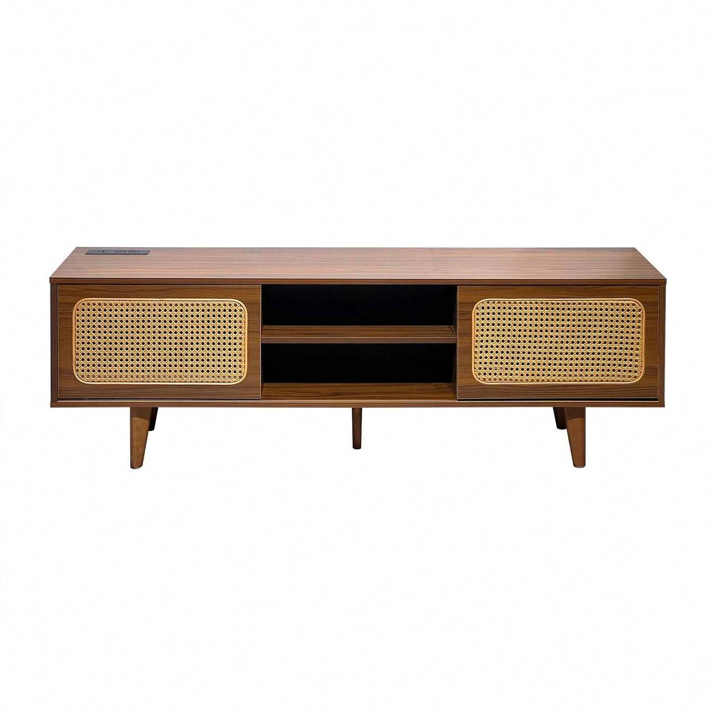 Mid Century Modern Rattan Media Console for 55-65 Inch TVs Stylish Entertainment Cabinet with Solid Wood Legs Ideal