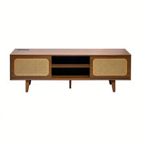 Mid Century Modern Rattan Media Console for 55-65 Inch TVs Stylish Entertainment Cabinet with Solid Wood Legs Ideal