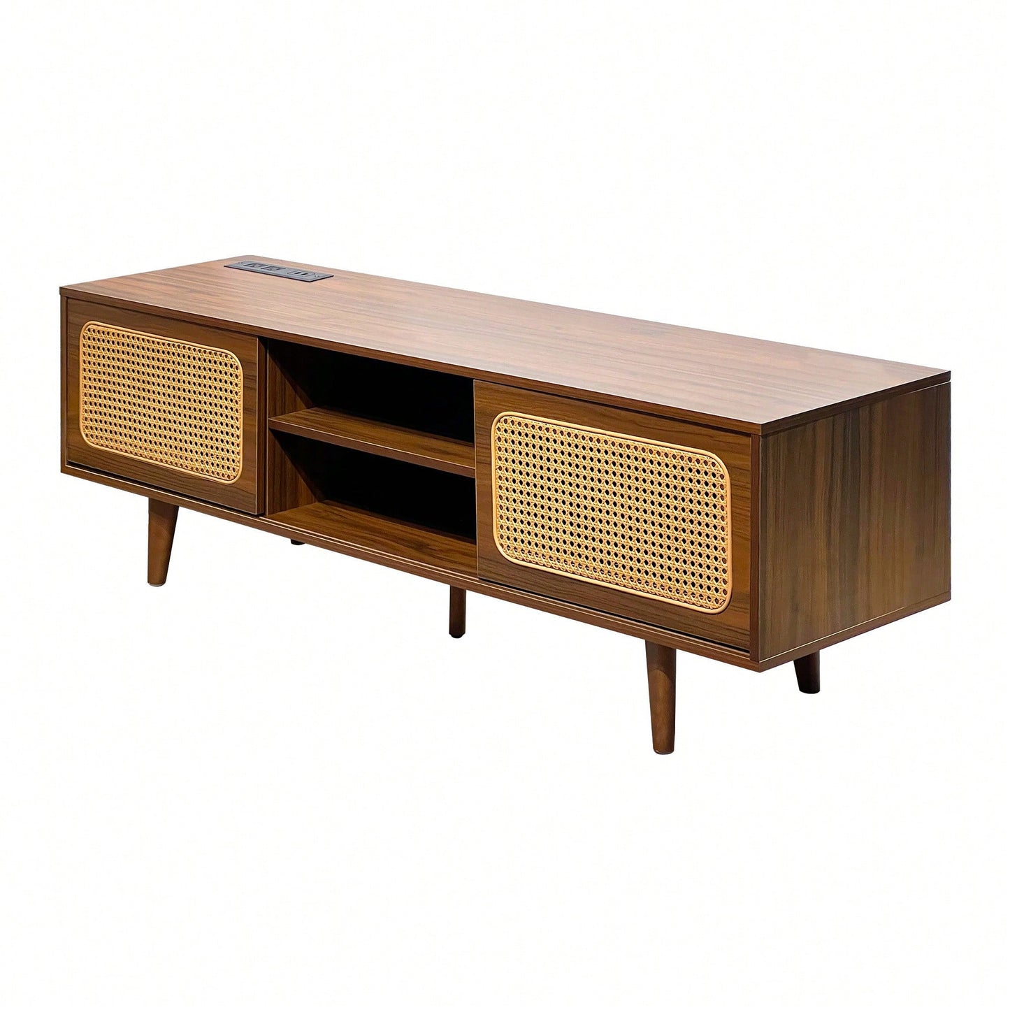 Mid Century Modern Rattan Media Console for 55-65 Inch TVs Stylish Entertainment Cabinet with Solid Wood Legs Ideal