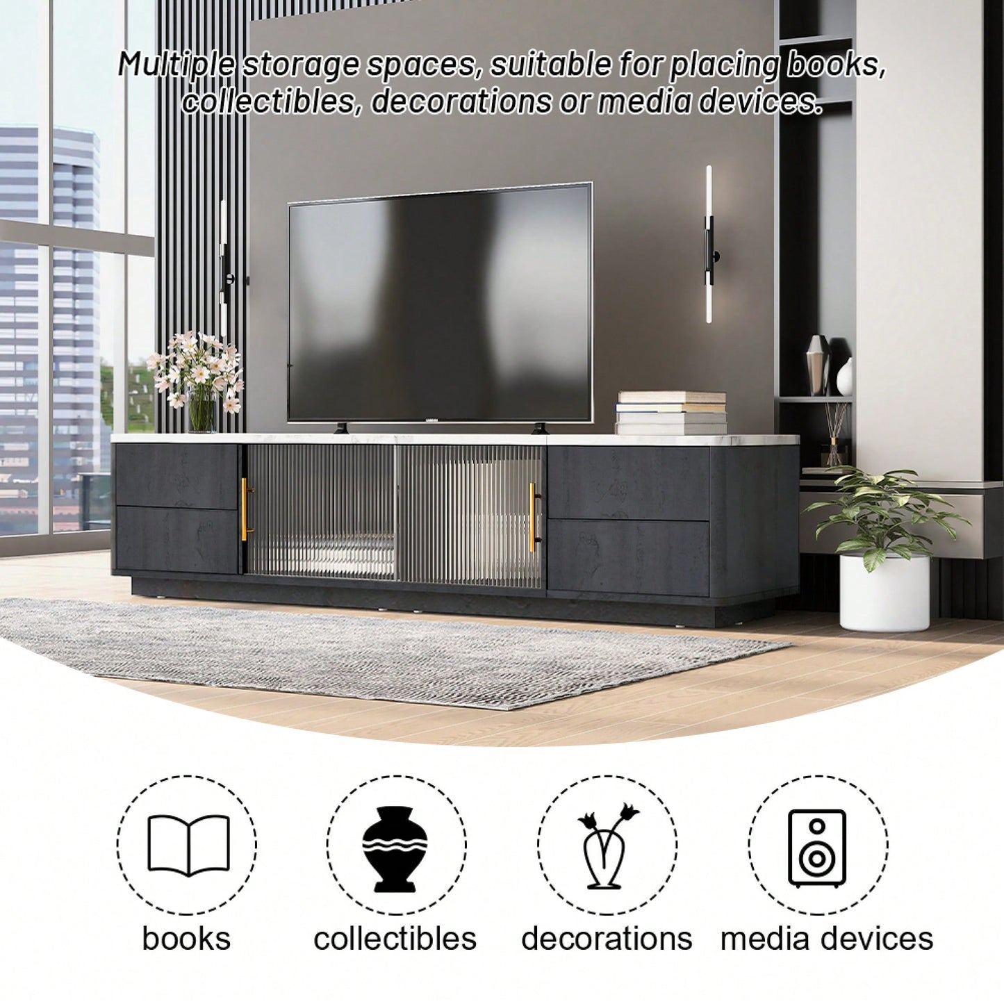 Stylish Modern TV Stand For 70 Inch TV With 4 Drawers And Large Storage Cabinet For Living Room And Bedroom