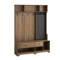 Multi-Functional Hall Tree with Removable Linen Bench, Coat Rack, Storage Shelves, Customizable Pegboard for Entryway in Brown