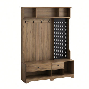 Multi-Functional Hall Tree with Removable Linen Bench, Coat Rack, Storage Shelves, Customizable Pegboard for Entryway in Brown