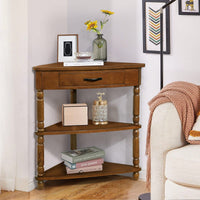 Small Triangle Corner Table For Living Room 3 Tier End Table With Solid Wood Legs Ideal For Compact Spaces Brown Finish