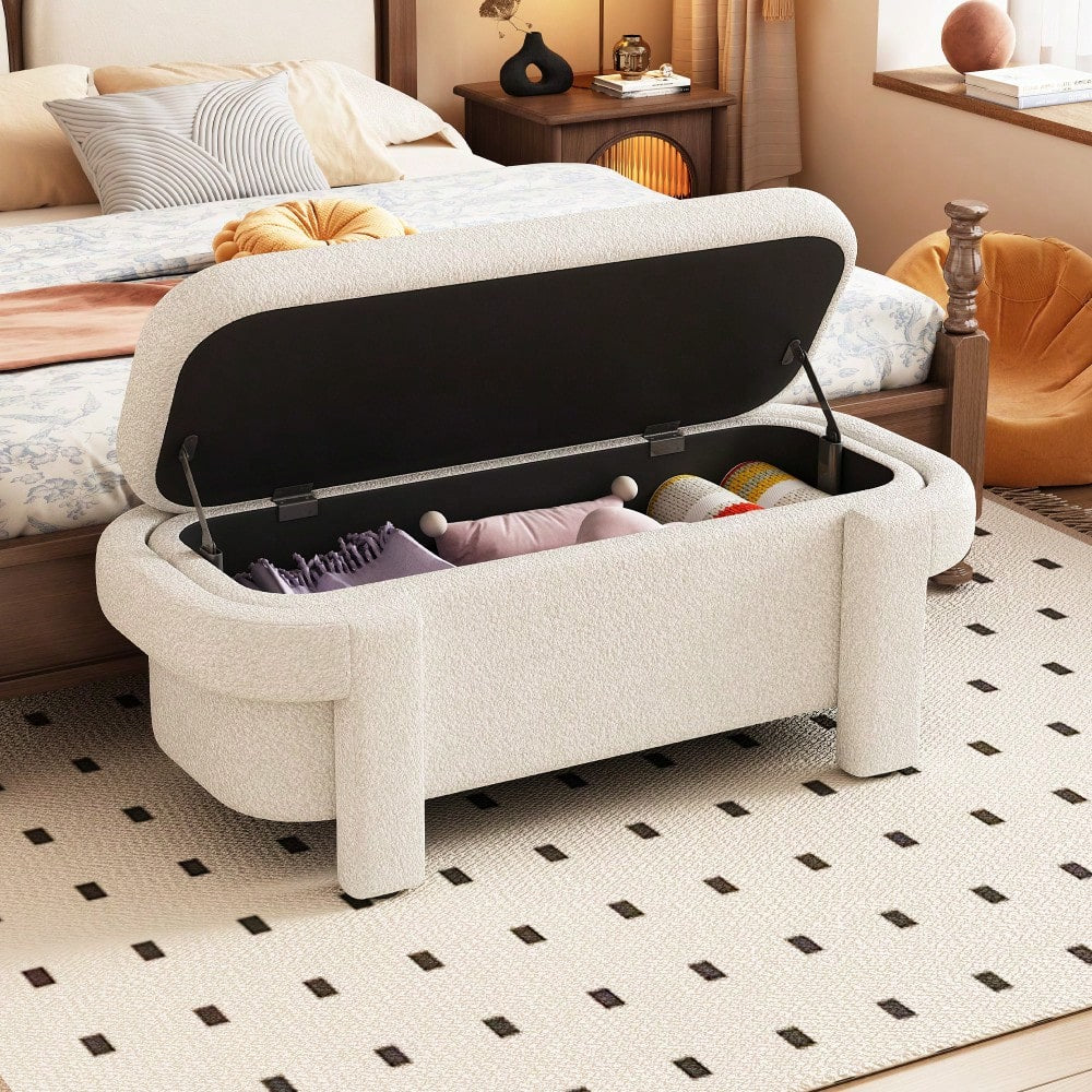 Fluffy White Storage Ottoman Bench With Ample Space For Living Room Entryway And Bedroom