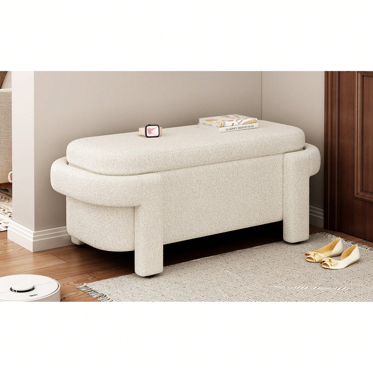 Fluffy White Storage Ottoman Bench With Ample Space For Living Room Entryway And Bedroom