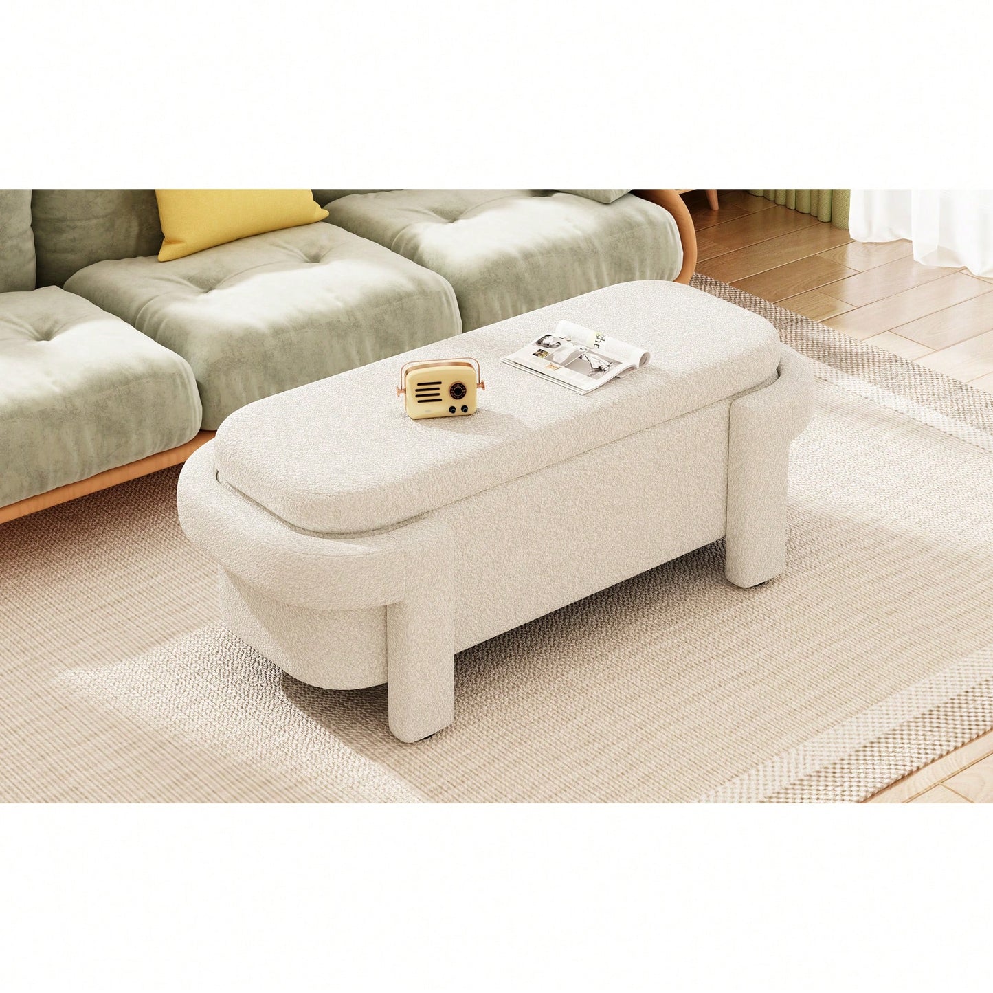 Fluffy White Storage Ottoman Bench With Ample Space For Living Room Entryway And Bedroom