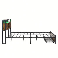 Full Size Metal Platform Bed Frame with Wooden Headboard USB Charging Station Storage Drawers LED Lights Easy Assembly No Box Spring Needed