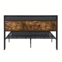 Full Size Metal Platform Bed Frame with Wooden Headboard USB Charging Station Storage Drawers LED Lights Easy Assembly No Box Spring Needed