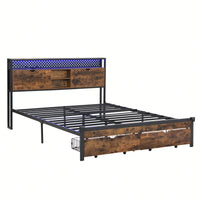 Full Size Metal Platform Bed Frame with Wooden Headboard USB Charging Station Storage Drawers LED Lights Easy Assembly No Box Spring Needed