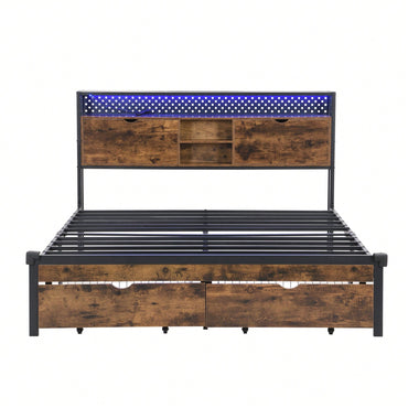 Full Size Metal Platform Bed Frame with Wooden Headboard USB Charging Station Storage Drawers LED Lights Easy Assembly No Box Spring Needed