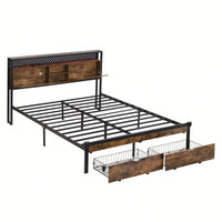 Full Size Metal Platform Bed Frame with Wooden Headboard USB Charging Station Storage Drawers LED Lights Easy Assembly No Box Spring Needed