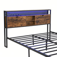 Full Size Metal Platform Bed Frame with Wooden Headboard USB Charging Station Storage Drawers LED Lights Easy Assembly No Box Spring Needed