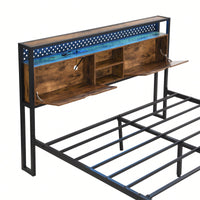 Full Size Metal Platform Bed Frame with Wooden Headboard USB Charging Station Storage Drawers LED Lights Easy Assembly No Box Spring Needed
