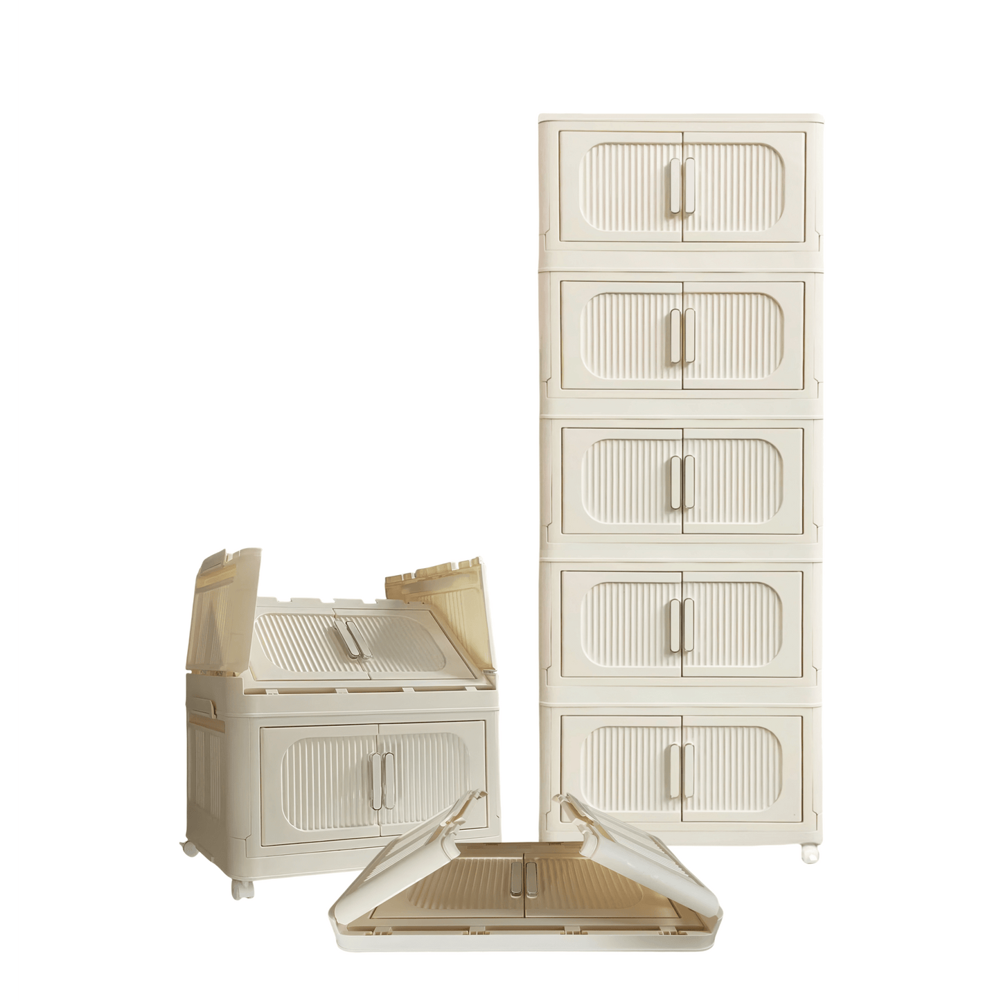 5 Tier Side Wide Folding Storage Cabinet With Magnetic Door Collapsible Bins Plastic Storage Unit On Wheels Cream White