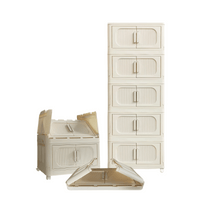 5 Tier Side Wide Folding Storage Cabinet With Magnetic Door Collapsible Bins Plastic Storage Unit On Wheels Cream White