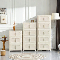 5 Tier Side Wide Folding Storage Cabinet With Magnetic Door Collapsible Bins Plastic Storage Unit On Wheels Cream White