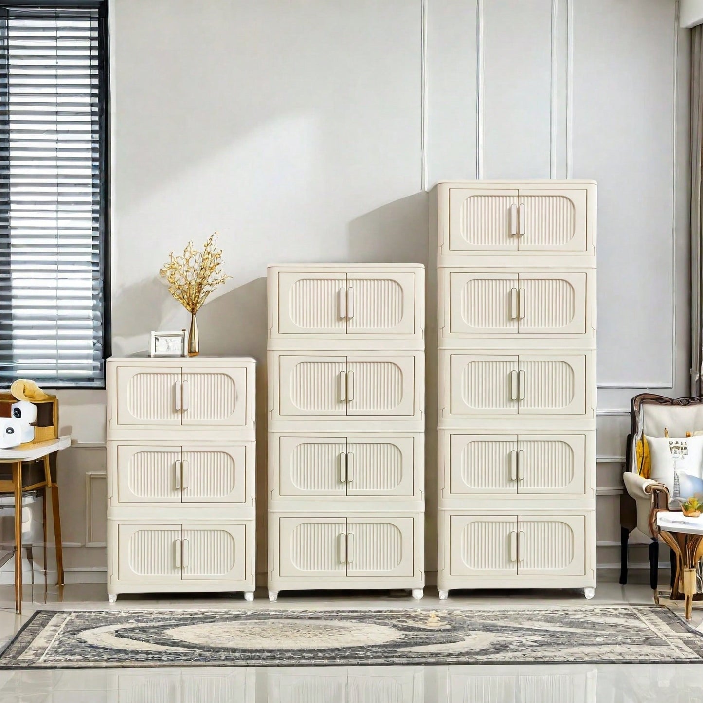 5 Tier Side Wide Folding Storage Cabinet With Magnetic Door Collapsible Bins Plastic Storage Unit On Wheels Cream White