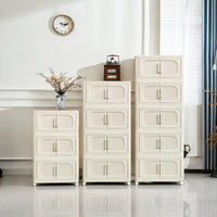 5 Tier Side Wide Folding Storage Cabinet With Magnetic Door Collapsible Bins Plastic Storage Unit On Wheels Cream White