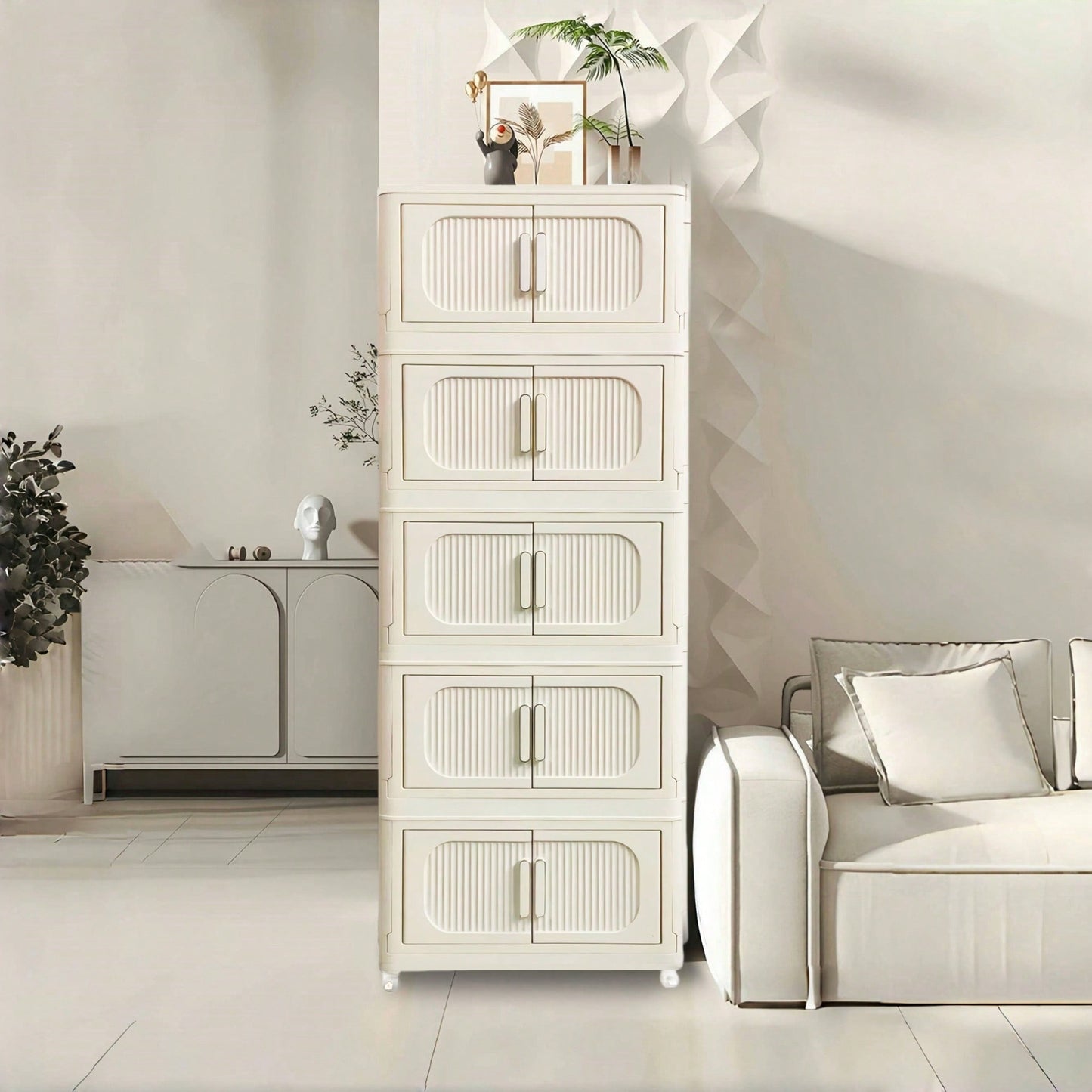 5 Tier Side Wide Folding Storage Cabinet With Magnetic Door Collapsible Bins Plastic Storage Unit On Wheels Cream White