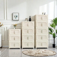 5 Tier Side Wide Folding Storage Cabinet With Magnetic Door Collapsible Bins Plastic Storage Unit On Wheels Cream White