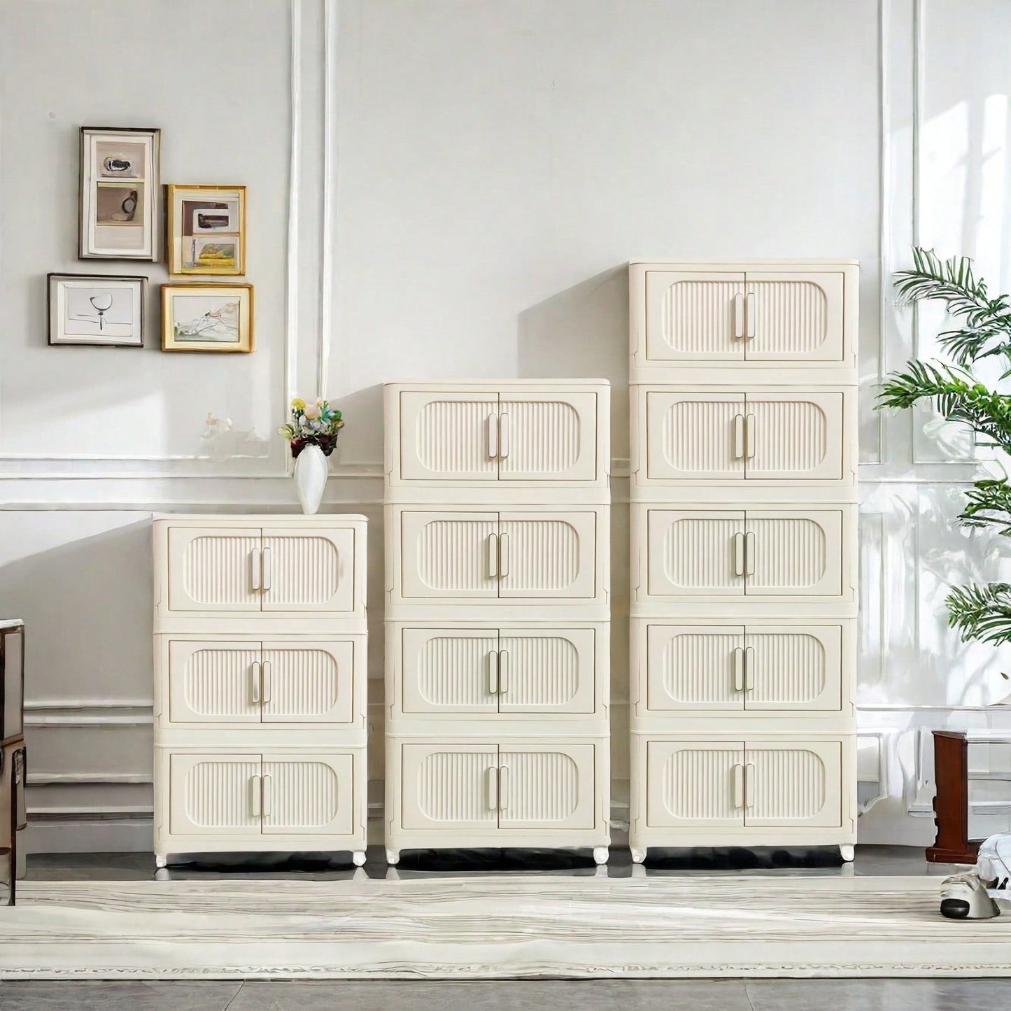 5 Tier Side Wide Folding Storage Cabinet With Magnetic Door Collapsible Bins Plastic Storage Unit On Wheels Cream White