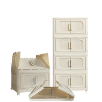 4-Tier Folding Storage Cabinet With Magnetic Door Collapsible Bins And Wheels Cream White