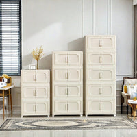 4-Tier Folding Storage Cabinet With Magnetic Door Collapsible Bins And Wheels Cream White