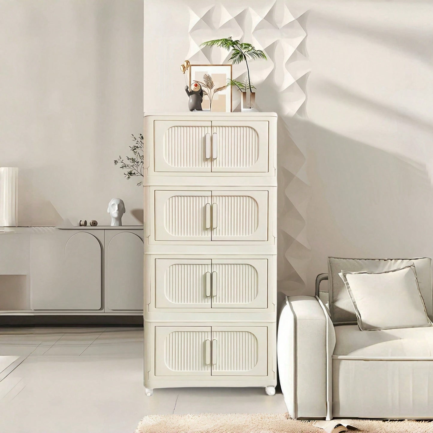 4-Tier Folding Storage Cabinet With Magnetic Door Collapsible Bins And Wheels Cream White