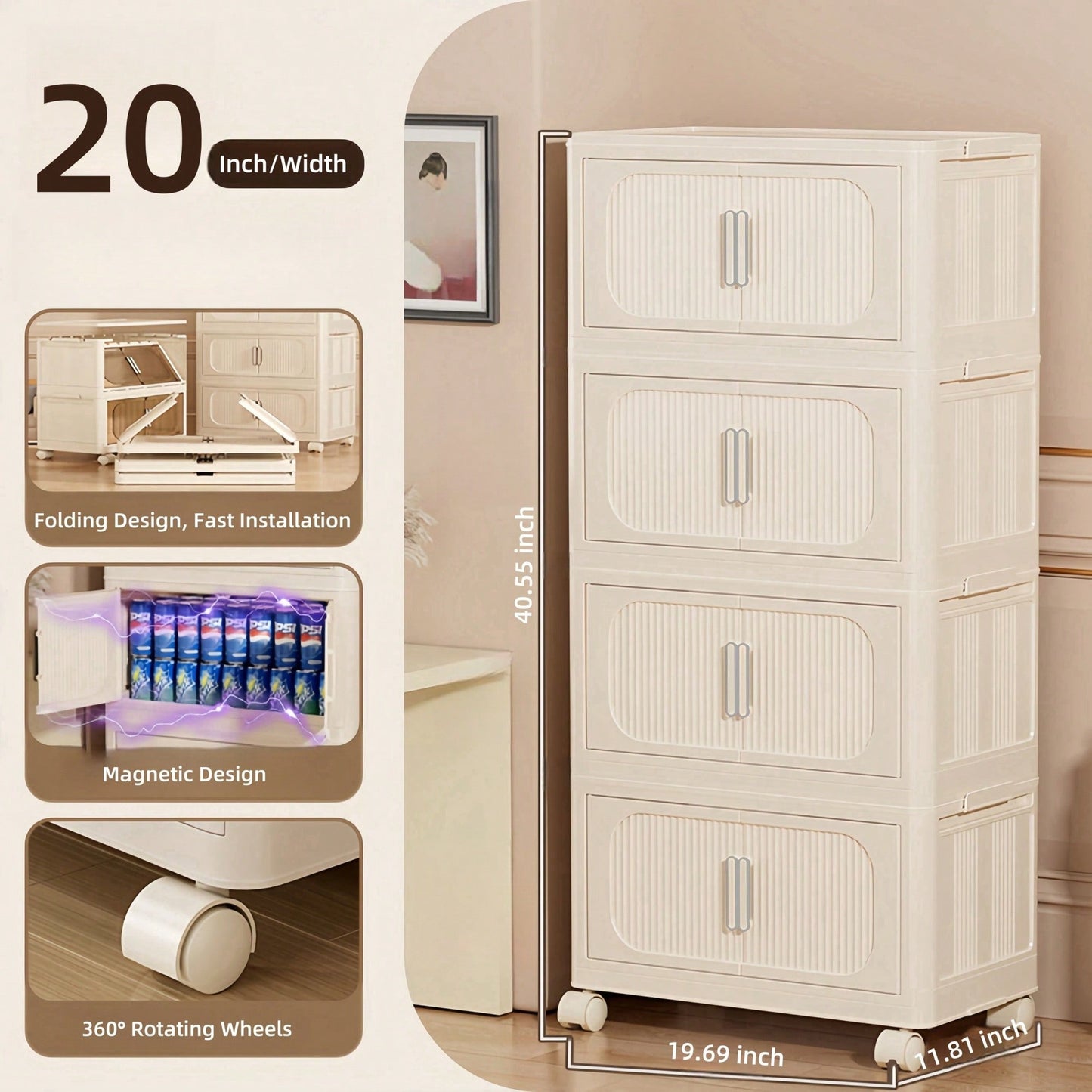 4-Tier Folding Storage Cabinet With Magnetic Door Collapsible Bins And Wheels Cream White