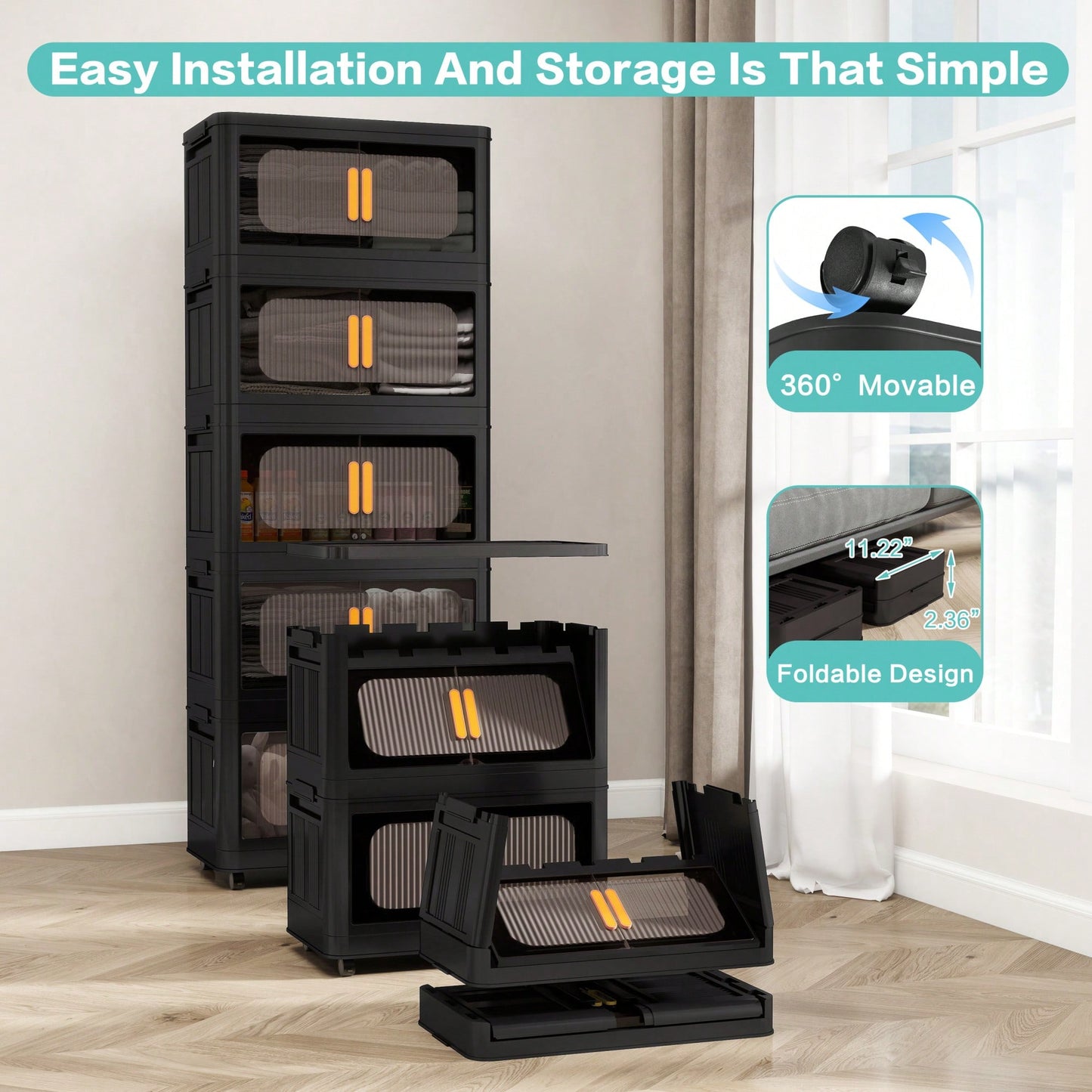 Compact 4-Tier Folding Storage Cabinet With Magnetic Door And Wheels, Versatile Plastic Organizer With Collapsible Bins