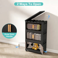 Compact 4-Tier Folding Storage Cabinet With Magnetic Door And Wheels, Versatile Plastic Organizer With Collapsible Bins