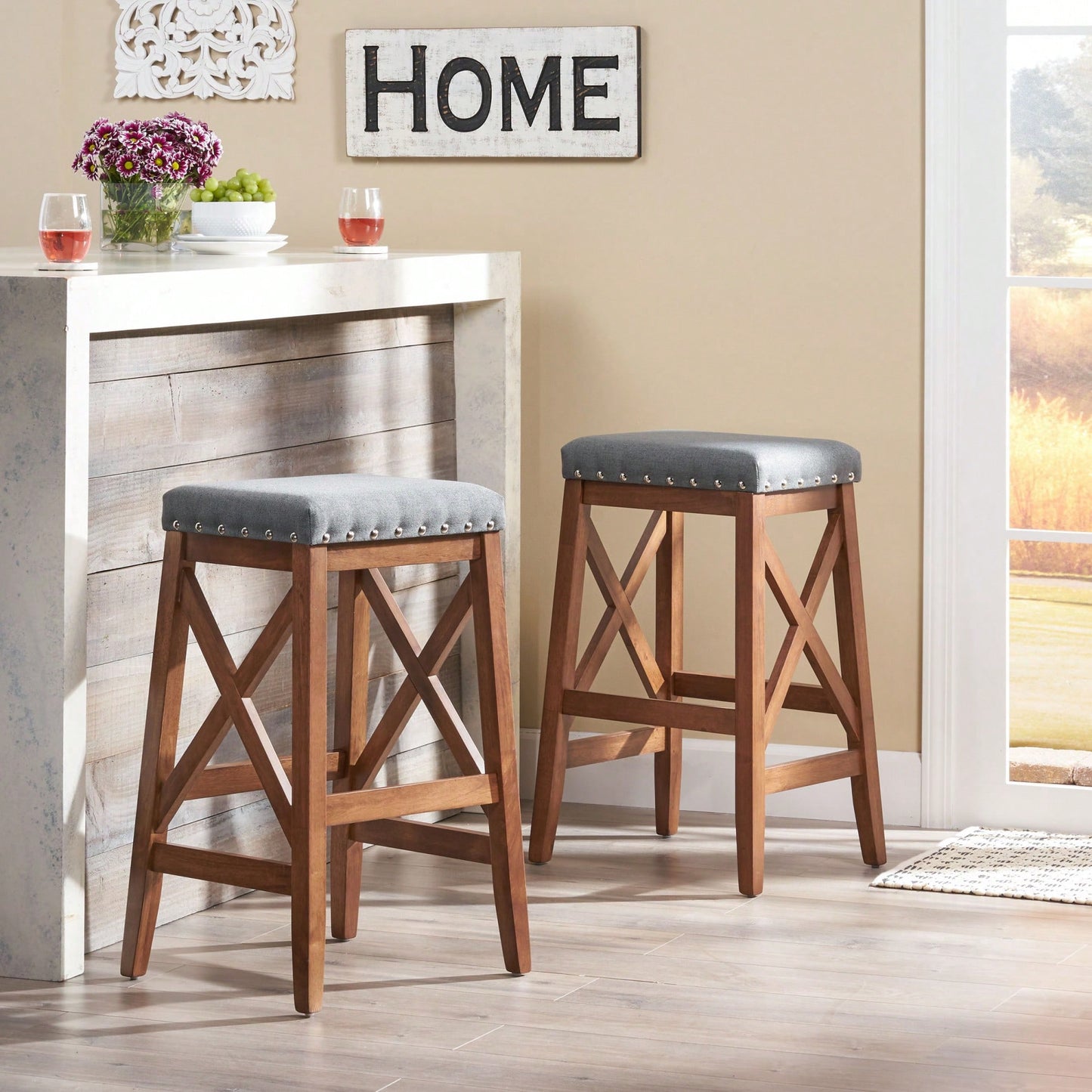 Set Of 2 Elegant Upholstered Saddle Barstool With Footrest For Kitchen Island Or Home Bar