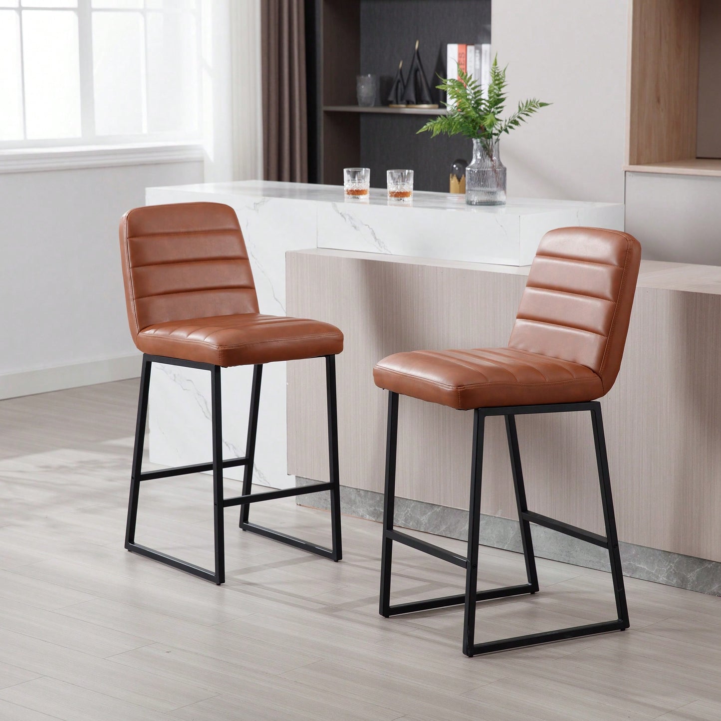 Upholstered PU Low Bar Stools Set Of 2 For Kitchen And Living Room With Footrest In Brown