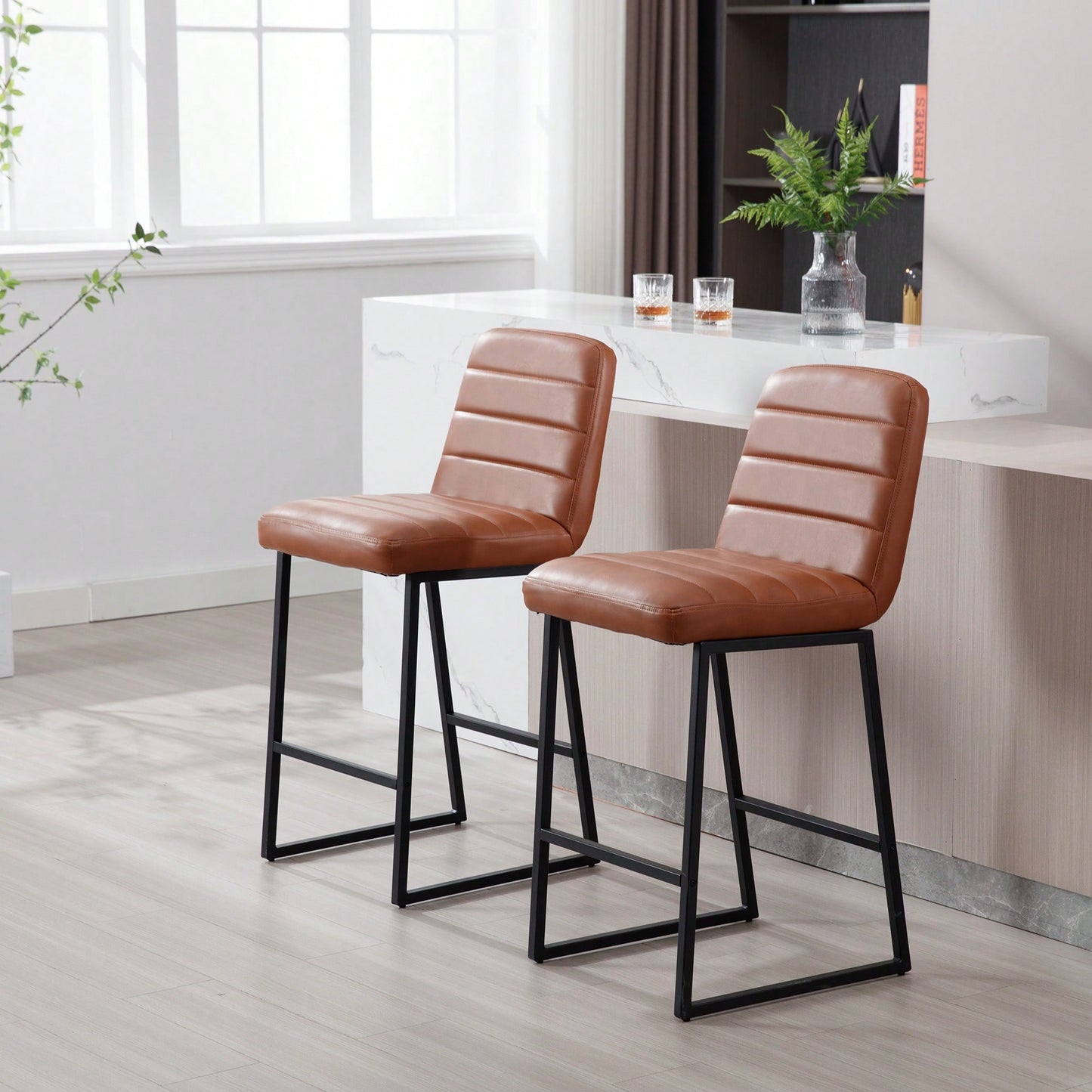 Upholstered PU Low Bar Stools Set Of 2 For Kitchen And Living Room With Footrest In Brown