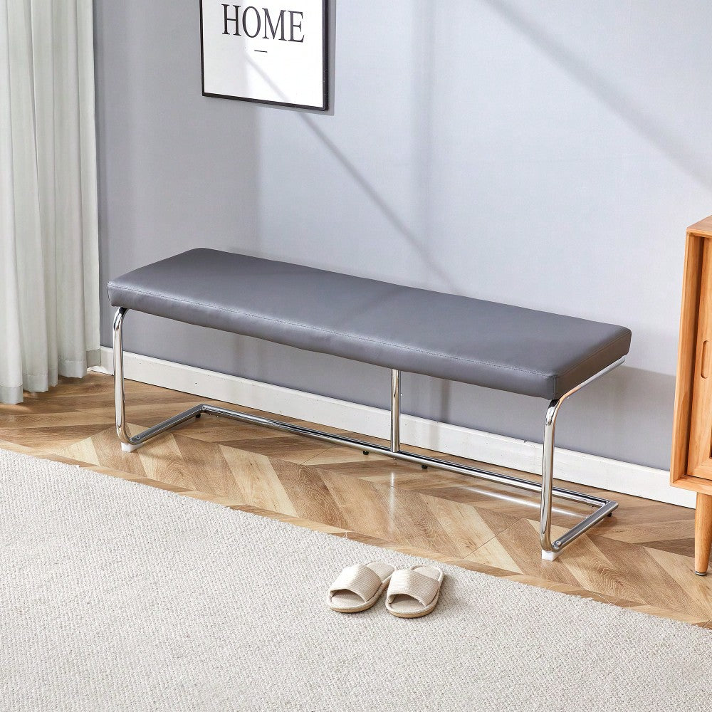 Contemporary 51.5 Inch Decorative Stainless Steel Bench With Faux Leather For Entryway Bedroom Dining And Kitchen Easy Assembly Grey