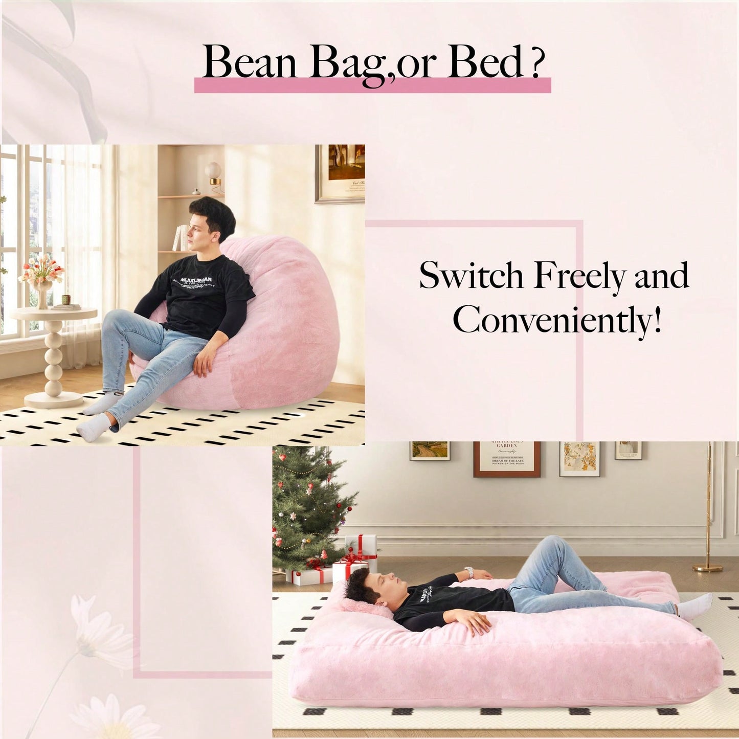 Oversized Convertible Bean Bag Chair Bed, Folds from Lounge Chair to Floor Mattress High-Density Foam Filling Machine Washable Cover