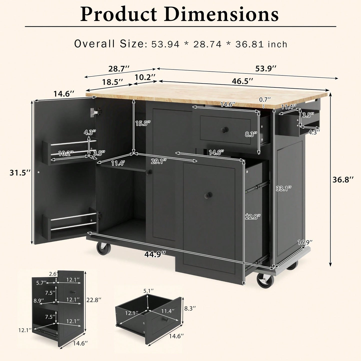 Rolling Kitchen Island Cart with Drop Leaf Storage Rack 53.9 Inch Width 3 Tier Pull Out Organizer Spice Rack Towel Holder Black Finish