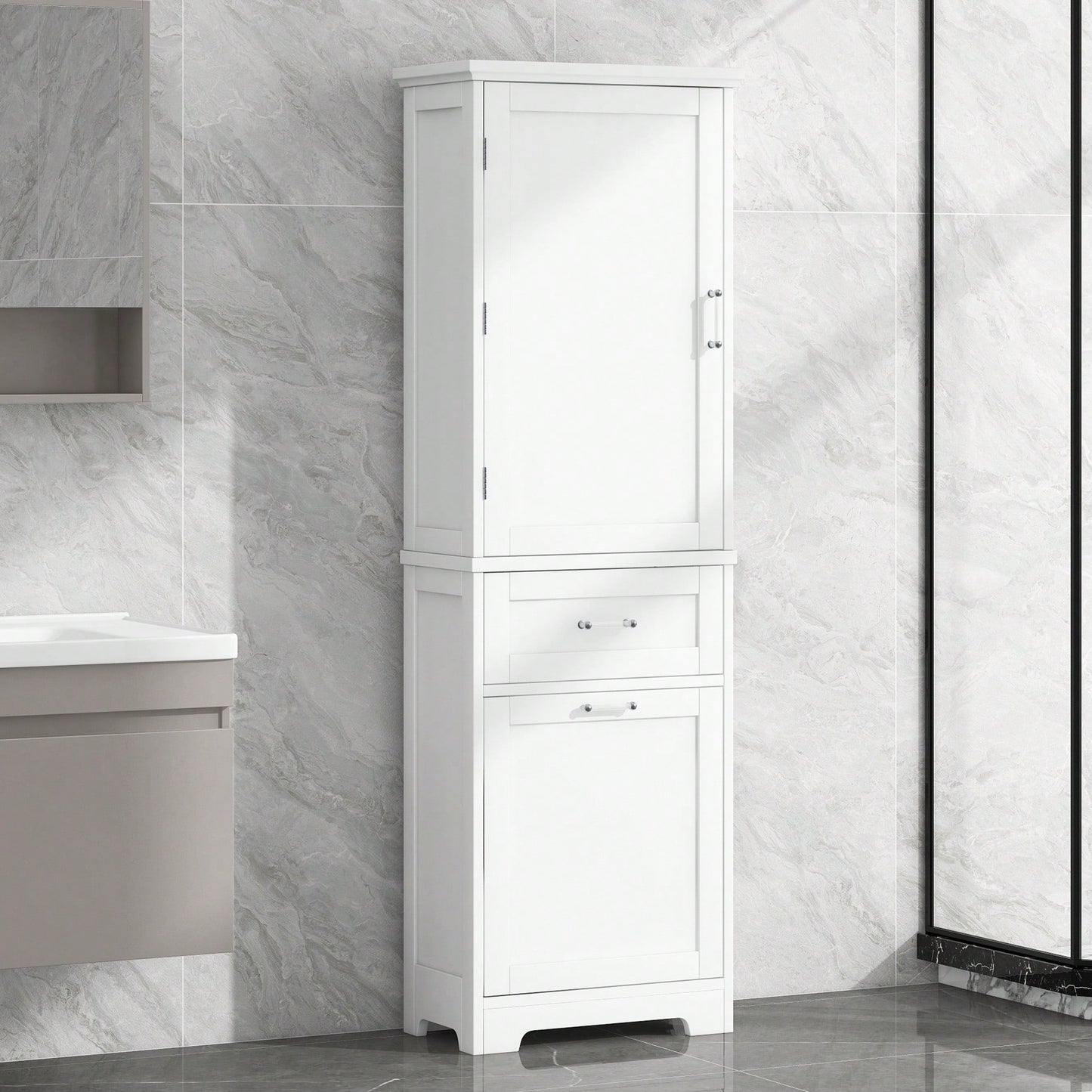 Freestanding Tall Bathroom Storage Cabinet With Adjustable Shelf And Two Drawer Sizes In White MDF Finish