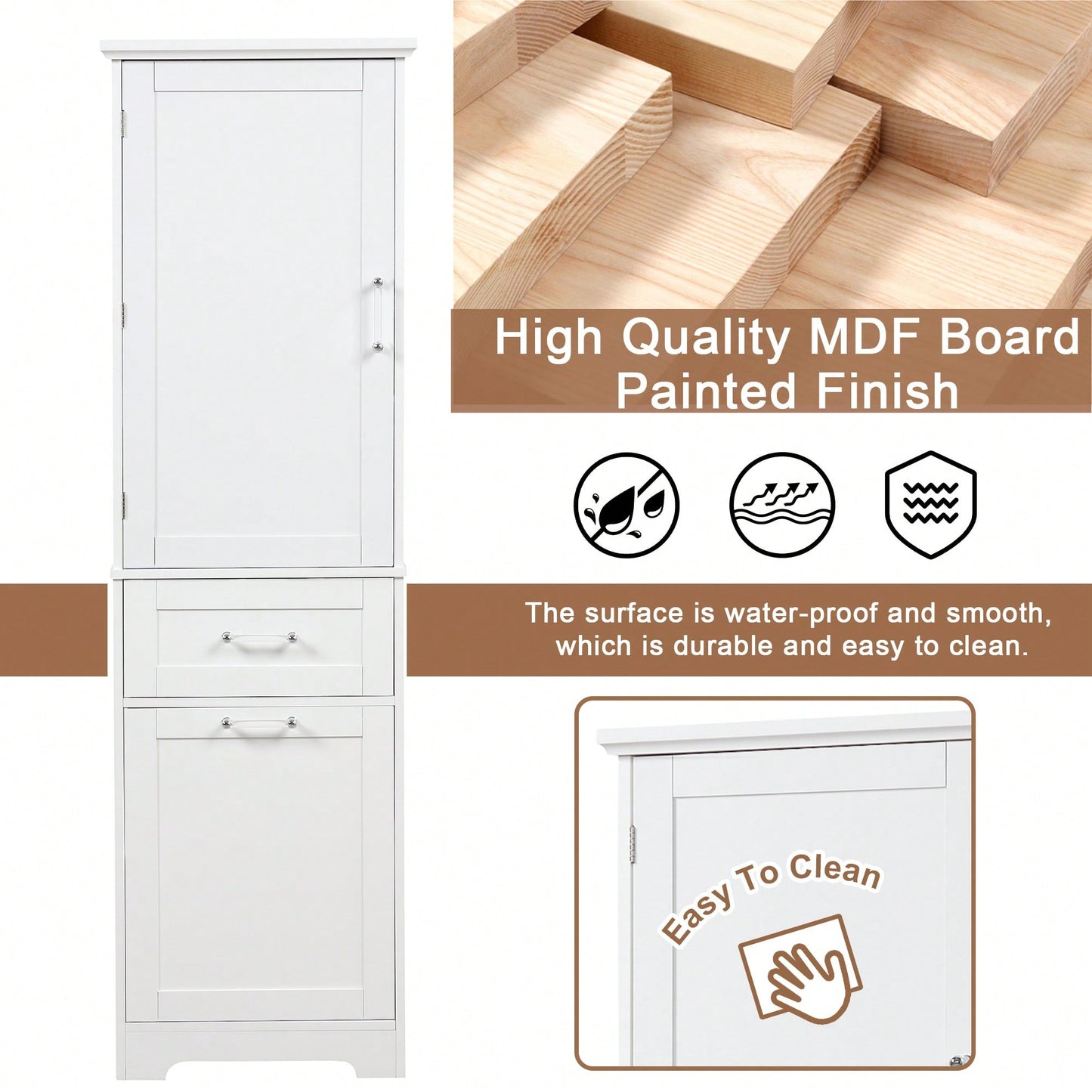 Freestanding Tall Bathroom Storage Cabinet With Adjustable Shelf And Two Drawer Sizes In White MDF Finish