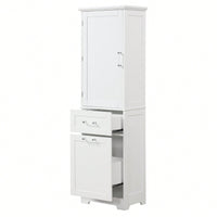 Freestanding Tall Bathroom Storage Cabinet With Adjustable Shelf And Two Drawer Sizes In White MDF Finish