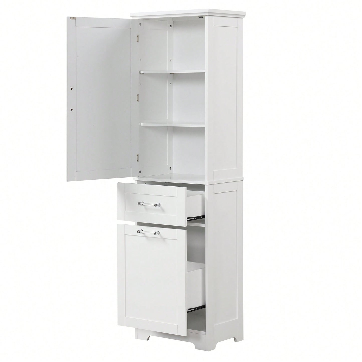 Freestanding Tall Bathroom Storage Cabinet With Adjustable Shelf And Two Drawer Sizes In White MDF Finish