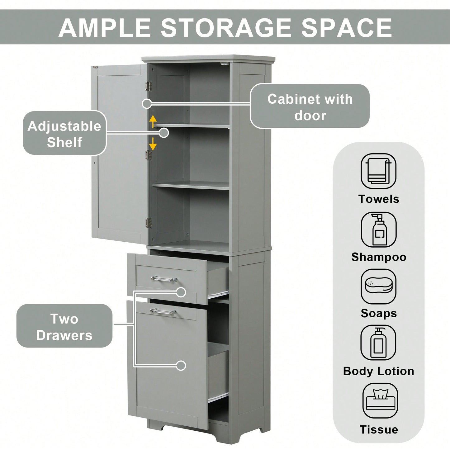 Freestanding Tall Bathroom Storage Cabinet With Adjustable Shelf And Two Drawer Sizes In White MDF Finish