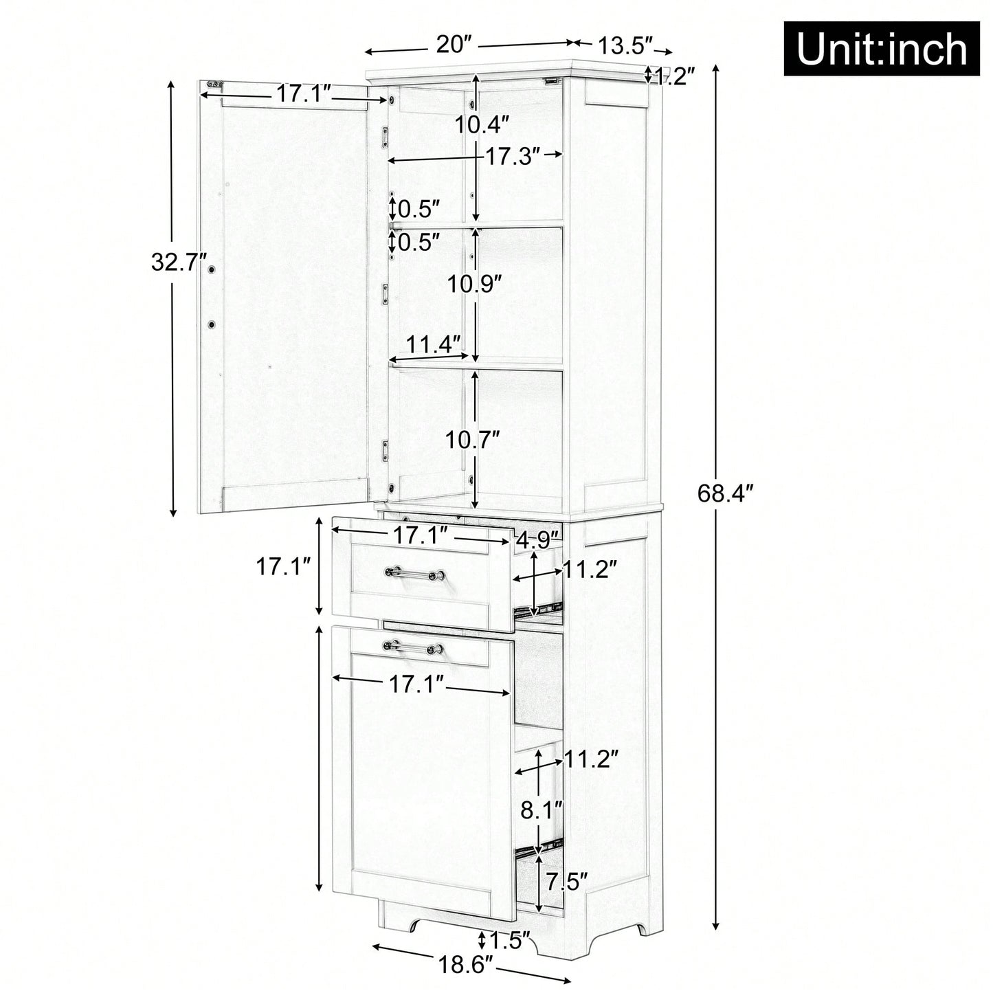 Freestanding Tall Bathroom Storage Cabinet With Adjustable Shelf And Two Drawer Sizes In White MDF Finish